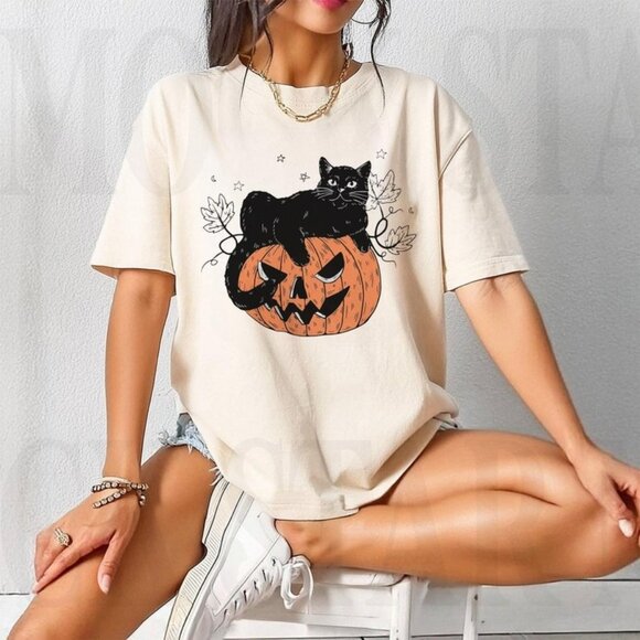 Tops - Cute Cat Pumpkin, Halloween Cat, Graphic Shirt